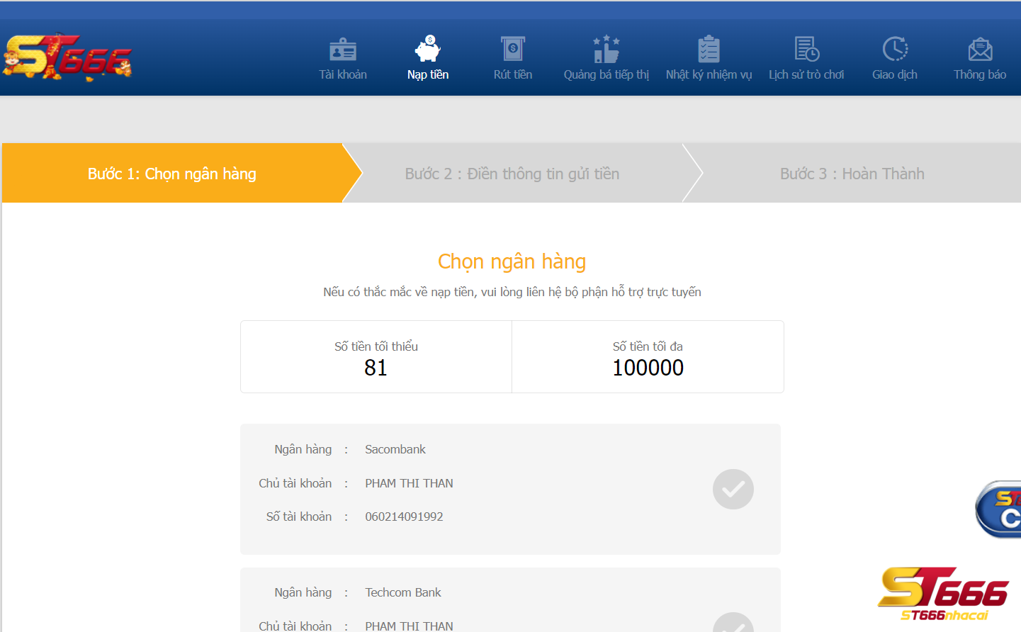 Cách nạp tiền tài khoản ST666