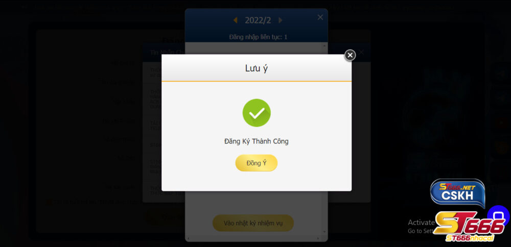 Đăng ký tài khoản ST666 thành công